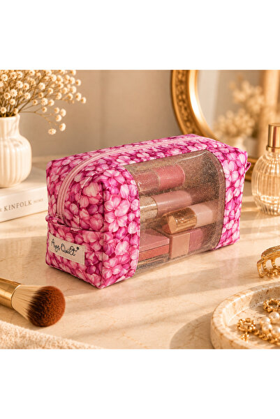 Ays Quilt Şeffaf Detaylı Makyaj Çantası – Pembe Çiçekli Seyahat Organizerı