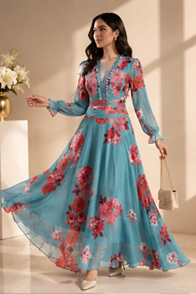 Stylish Fashion فستان من ستايلش فاشن تركي شيفون أخضر بورد أحمر