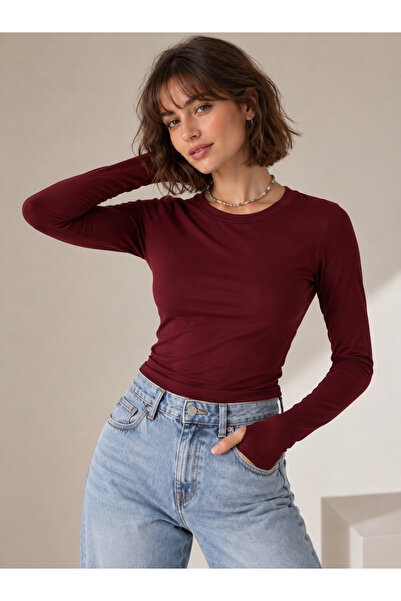 FAVORİST Women's Crew Neck 100% Cotton Blouse with Finger Loop Detail Ovv-1