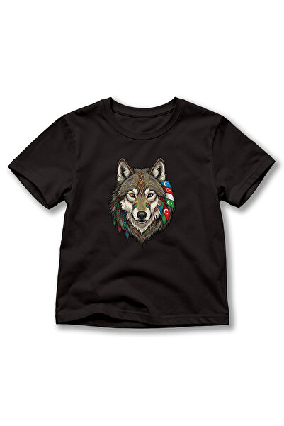 remonz Children's Wolf Printed T-Shirt – Turkish World Flag Detailed Gray Wol...