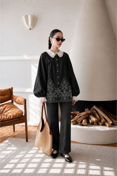 LAYARA COUTURE Embroidered Ruffle Collar Long Sleeve Women’s Top