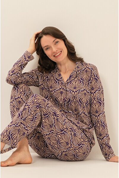 Arnetta Set de pijamale pentru femei Uzunkol, cu model de nurcă, guler tip că...