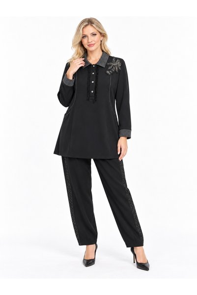 FUAT GÜRSEN Beadwork Detailed Sleeves and Collar Trim Modal Spandex Blended D...
