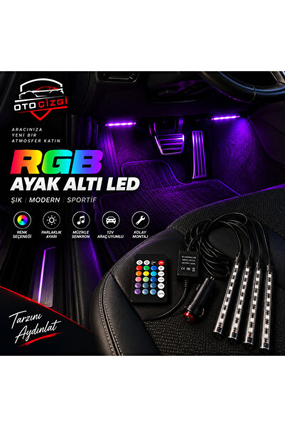 Oto Çizgi RGB Ayak Altı LED Ambiyans Aydınlatma Seti 4'lü 12V Kumandalı Müzik...