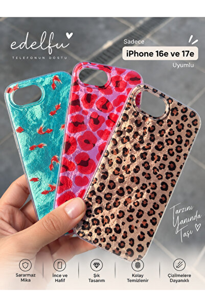 EDELFU iPhone 16e ve 17e UYUMLU - Aura Leopar (Kahverengi), (içten Baskılı), Desenli Koruyucu Yanları Şeffaf Gösterişli Parlak Kılıf