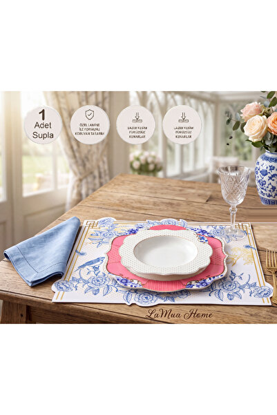 LAMUA HOME Royal Mavi Çiçek Ve Kuş Desenli Gold Detaylı 1 Adet Amerikan Servis-Lazer kesim