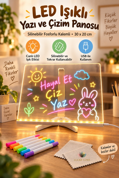 Lucky Love LED Işıklı Silinebilir Yazı ve Çizim Panosu 30x20 cm Fosforlu Kale...