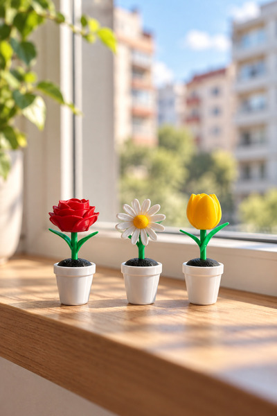 3'lü Mini Saksılı Dekoratif Çiçek Seti Gül Papatya Lale Masaüstü Ofis Çalışma Masası Dekoru Minyatür Hediye