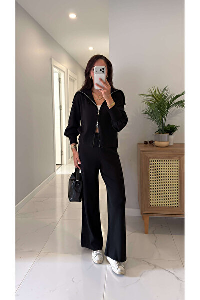 BİRCANÇİL Numos Black Zippered Cardigan Pants Set