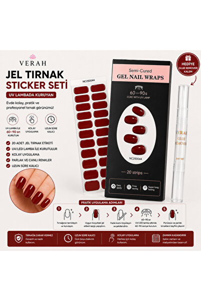 VERAH Bordo Koyu Kırmızı Jel Tırnak Sticker Seti 20 Adet UV/LED Tırnak Etiket...