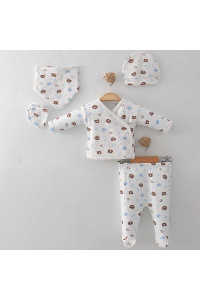DEFNE LİNA BABY Newborn Baby Boy 100% Cotton 5 Piece Hospital Discharge Set
