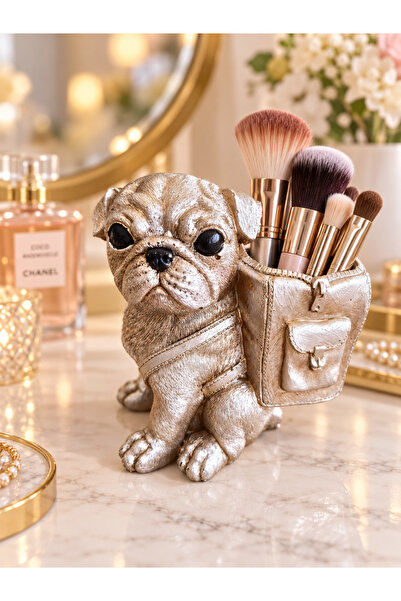 Dekoratif Köpek Figürlü Kalemlik Makyaj Fırçalık Saksı Organizer – Polyester 12x15 cm