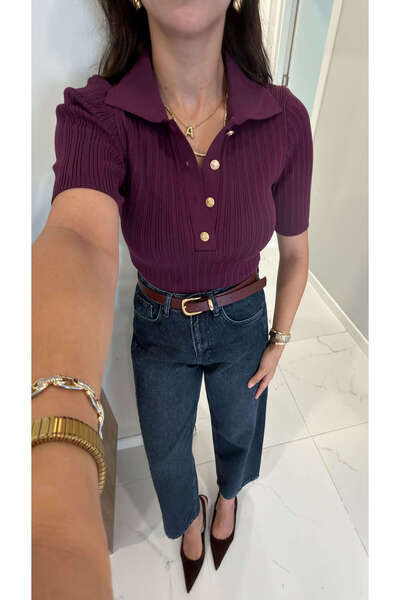 BİRCANÇİL Diyna Mürdüm Gold Buttoned Polo Collar Short Sleeve Knitwear