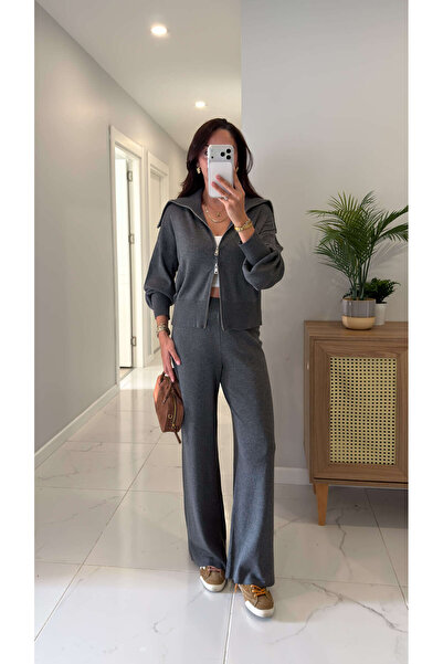 BİRCANÇİL Numos Gray Zippered Cardigan Pants Set