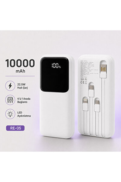 PİYATECH 10000 mAh 22.5W PD Hızlı Şarjlı 4'ü 1 Arada Dahili Kablolu Dijital E...