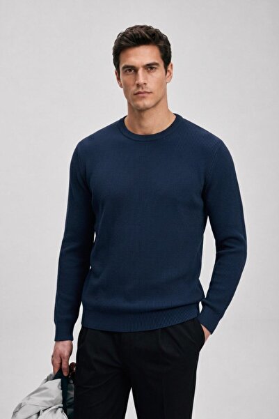 Maccali Men's Casual Winter Navy Blue Crew Neck Basic Sweater