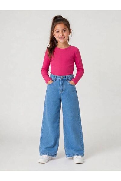 KIZ ÇOCUK UZUN KOL RİBANA BODY VE WİDE LEG JEAN PANTOLON 2 Lİ TAKIM