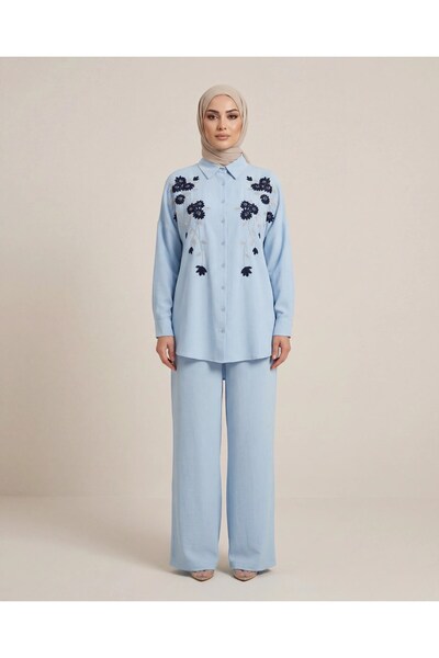 BURRASCA Embroidered Stone-Embellished Oversized Linen Shirt