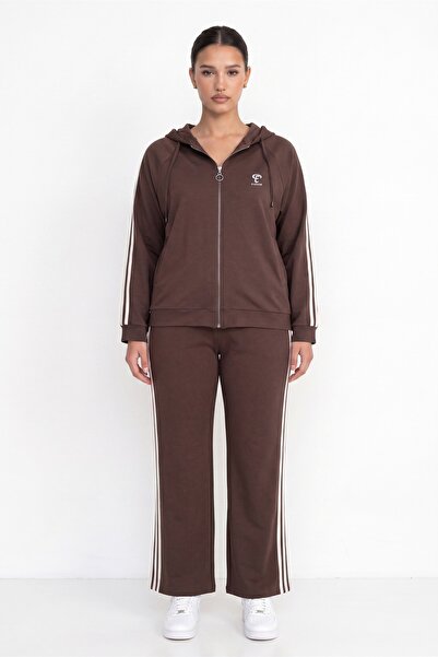 EXİTLİNE Women's Coffee Seasonal Zip-Front Hooded Striped Logo Detailed Track...