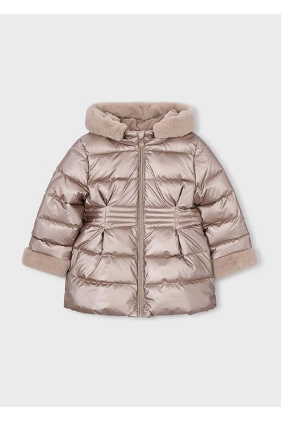 MAYORAL Girl's Hooded Fur Lined Metallic Shiny Inflatable Coat 4422 Mink