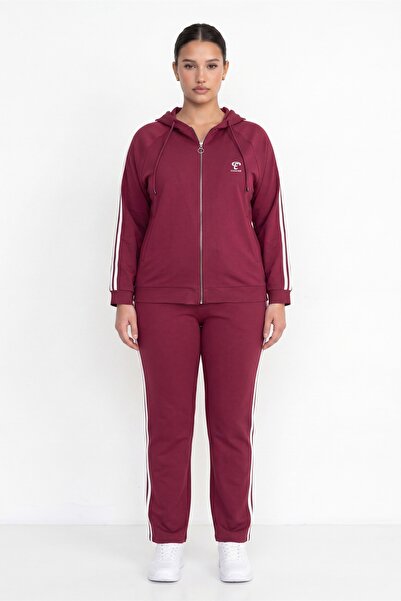 EXİTLİNE Women's Burgundy Seasonal Front Zipper Hooded Striped Logo Detailed ...