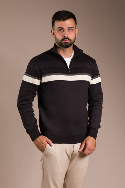 ZEKİ ÖZER Men's Black Zippered Patterned Knitwear