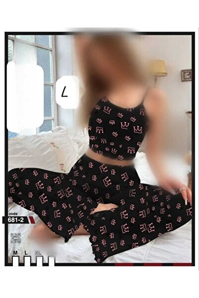 RAHAF TİCARET Black Crown Patterned Strappy Crop Pajama Set - Wide Leg