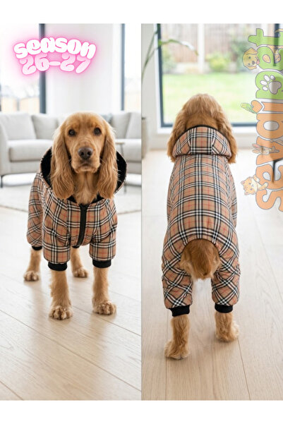 sevgipet Ekose Desenli Kapüşonlu Köpek Tulumu (İçi Polar Dolgulu Kışlık Köpek...
