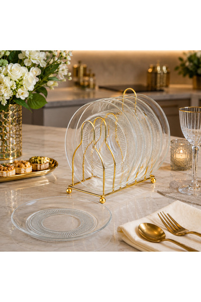 Dania Transparent Glass Plate Set, 6 Pieces with Luxury Gold Metal Stand – 15...