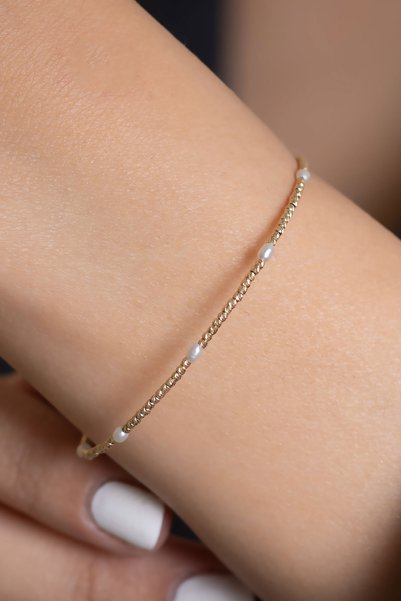 Bayar Gold 14 Ayar Altın Beyaz Boncuklu Dorika Kelepçe