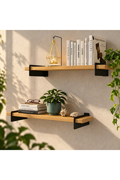Create Handle 2'li Metal Ayaklı Ahşap Duvar Rafı 50x20 cm Dekoratif Kitaplık ...