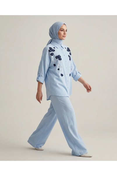 BURRASCA Embroidered Stone-Embellished Oversized Linen Shirt