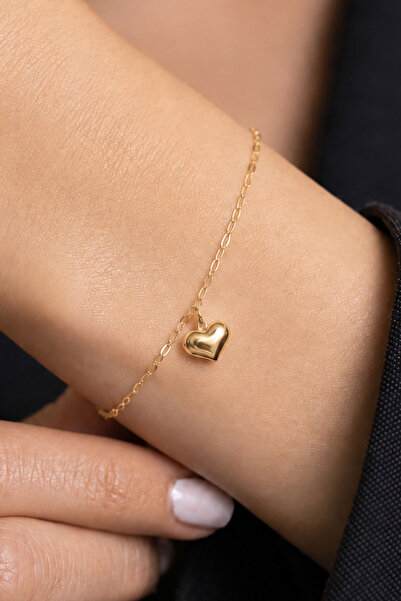 Bayar Gold 14 Ayar Altın Kalpli Ataç Zincir Bileklik + 2 cm Uzatmalı