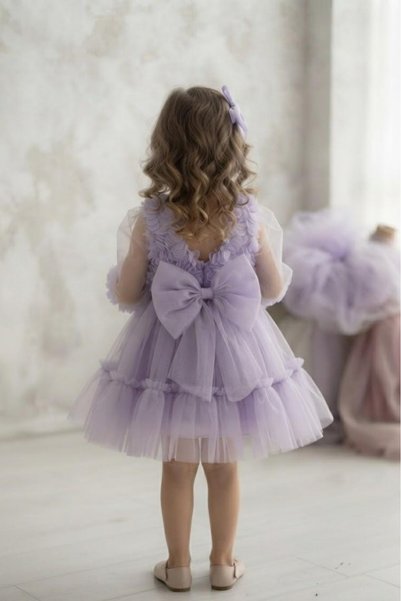 penu baby kids 3D Rose Pattern Long Tulle Sleeves Girls Dress with Ruffles at Hem