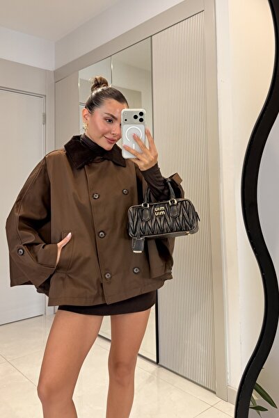 Gizem Ecemiş Novit Acı Kahve Kadife Yaka Panço
