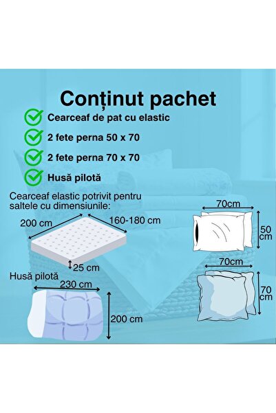 NufJoy Lenjerie pat dublu Bumbac Finet 6 piese, Cearceaf cu elastic pentru saltea 160x200 cm sau 180x200 cm, cearsaf pilota 200x230 cm, 2 fete perna 70x70 cm, 2 fete perna 50x70 cm EnjoyLife