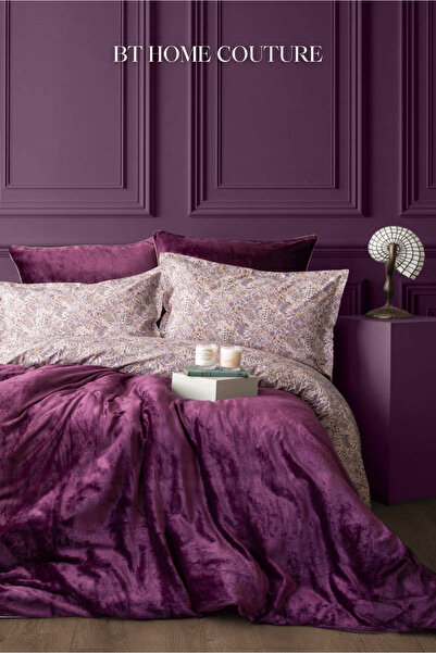 Apricitas HOME Double Lona Mürdüm Velvet Blanket Pieces Duvet Cover Set