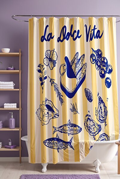 EVPANYA Yellow La Dolce Vita Patterned Bathroom Curtain, Shower Curtain, Bath...