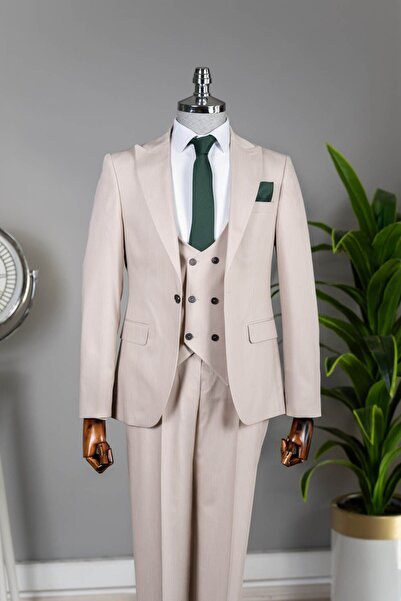 terzi ayhan 3 button flat vest suit light beige