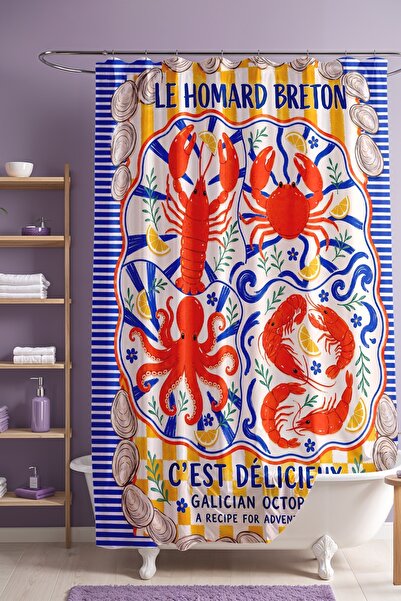 EVPANYA Le Homard Breton Patterned Bathroom Curtain, Shower Curtain, Bathtub ...