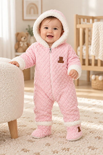 MYZİ STORE Baby Hooded Zippered Plush Jumpsuit and Pants 2-Piece Winter Set