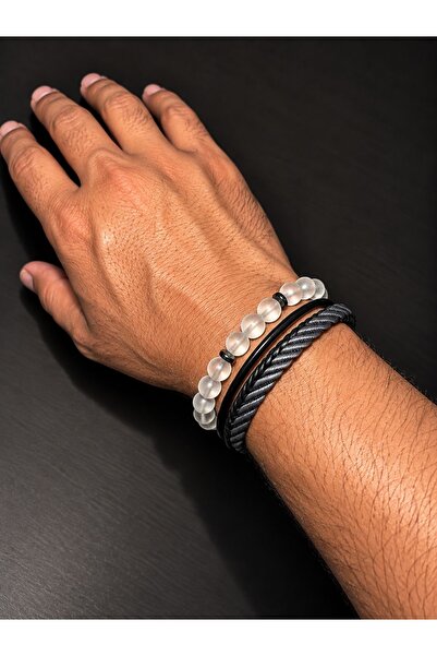 Bujiteri Men's Beaded Leather Bracelet Set Natural Stone Look Stylish Modern ...