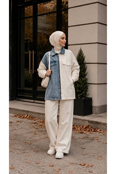 Wise&Go Store Kadın İki Renkli Denim Ceket – Fermuarlı Kot Ceket