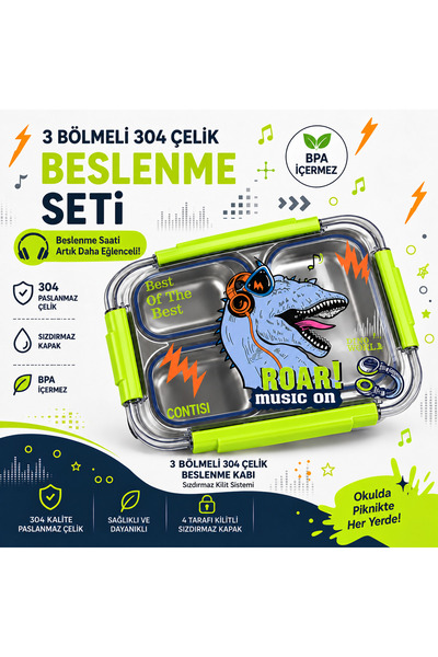 MUZEKO Best Of The Desenli 3 Bölmeli Paslanmaz Çelik Yemek Kabı Sızdırmaz Kap...
