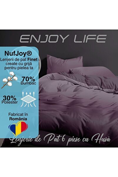 NufJoy Lenjerie pat dublu Bumbac Finet 6 piese, Cearceaf cu elastic pentru saltea 160x200 cm sau 180x200 cm, cearsaf pilota 200x230 cm, 2 fete perna 70x70 cm, 2 fete perna 50x70 cm EnjoyLife