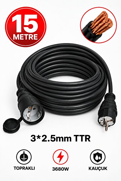 Aryes 15 Metre Uzatma Kablosu 3x2,5 mm² TTR Bakır Kablo 16A 3680W Topraklı Ka...
