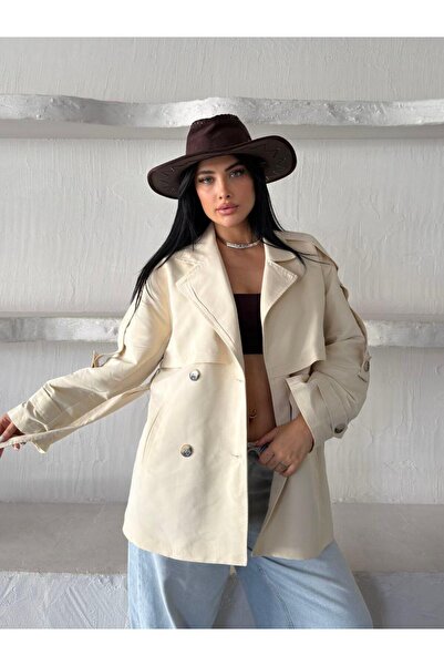 a lessa Atik Yeni Sezon Kadın Oversize Kemer Detaylı Kruvaze Yaka Midi Trençkot