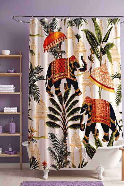 EVPANYA Botanical and Black Elephant Patterned Bathroom Curtain, Shower Curta...
