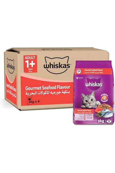 Whiskas طعام جاف للقطط بنكهة المأكولات البحرية الفاخرة، عبوة من 3 × 4 كجم، لل...