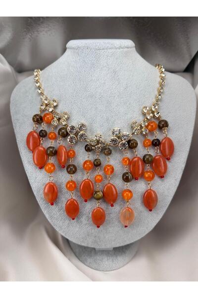 ZS Aksesuar Beaded Crystal Stone Statement Necklace – Layered Design with Gol...